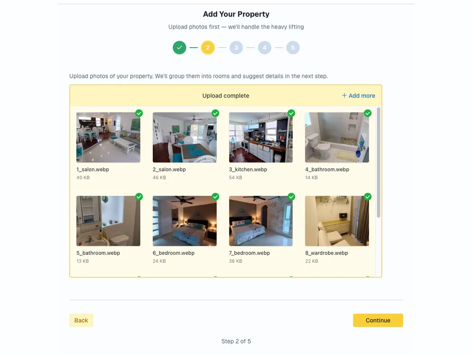Property wizard with twelve uploaded listing photos ready to continue