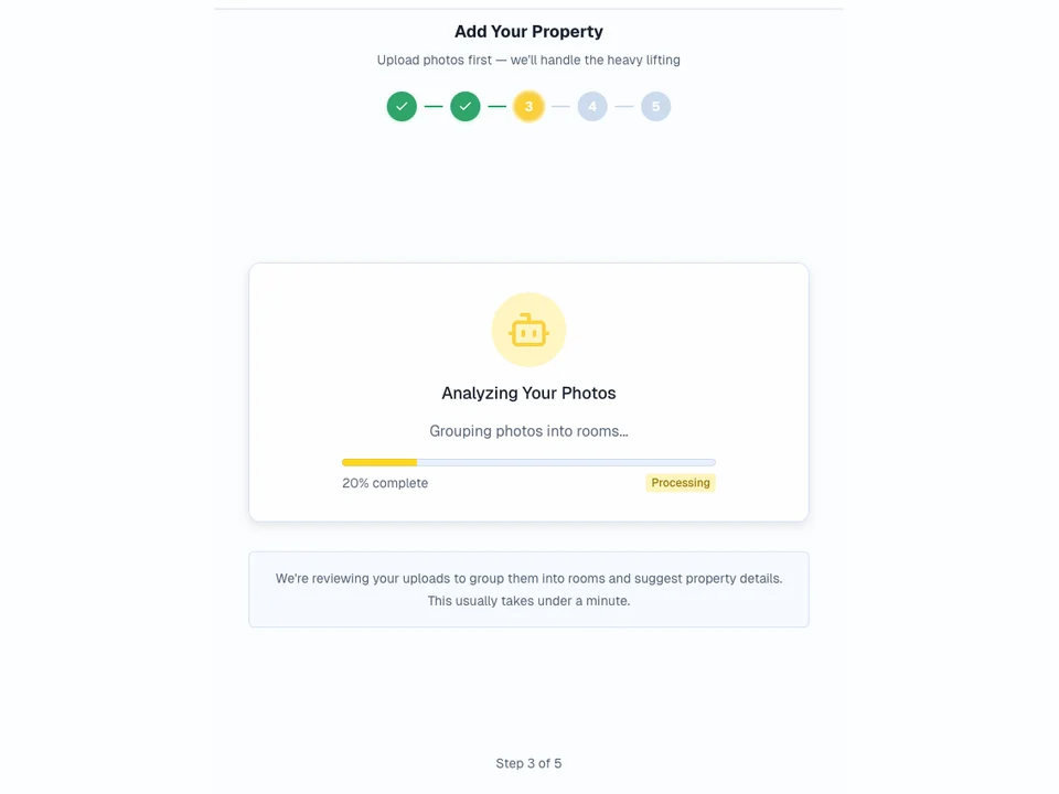Property wizard analyzing uploaded photos and grouping them into rooms