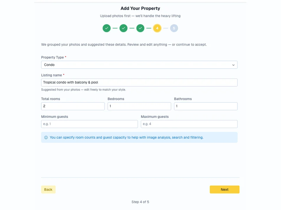 Property wizard showing AI-suggested listing name and room counts from photos