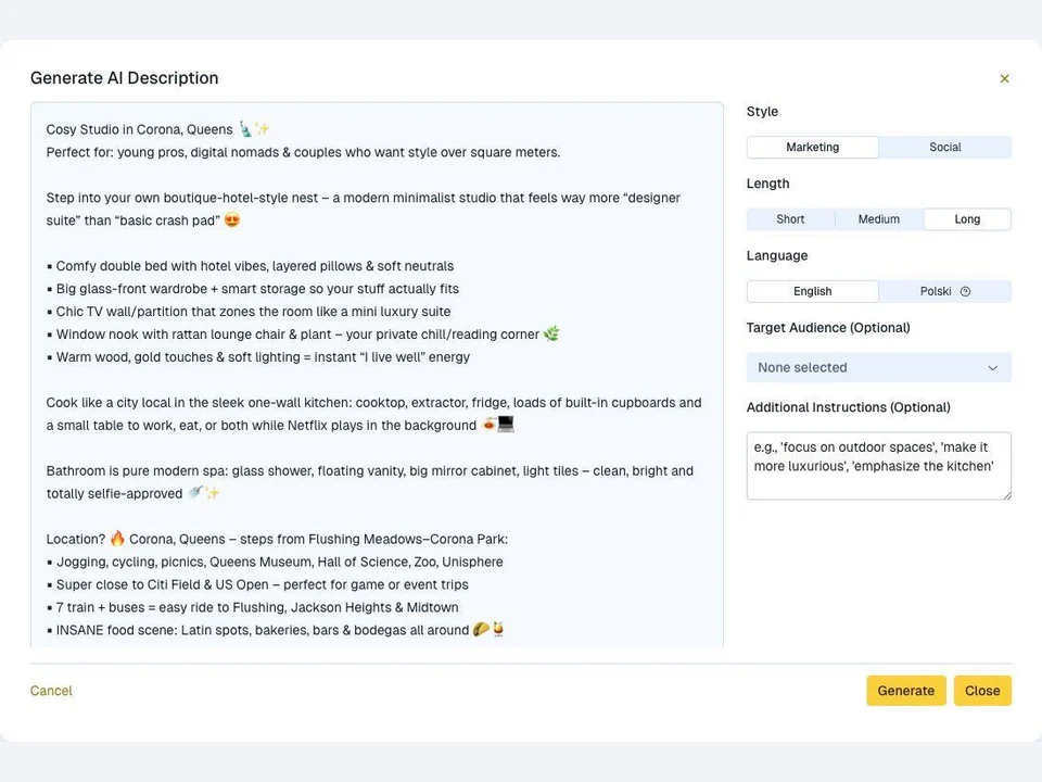 Generate AI Description dialog with style, length, language, and preview